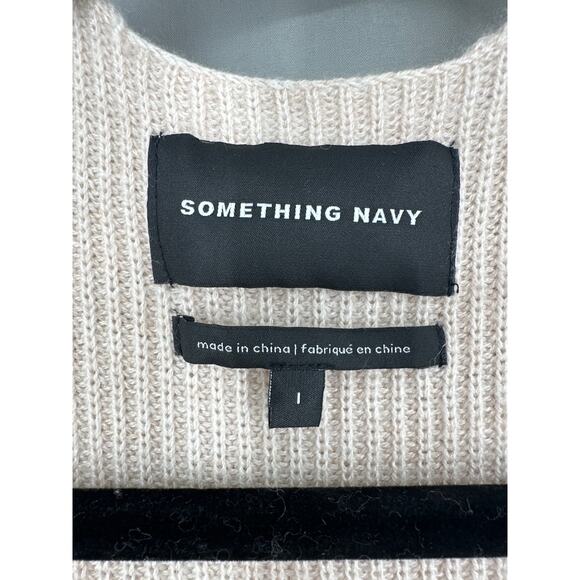 Something Navy Cardigan Sweater Large Beige Tan Neutral Wool Minimalist Capsule - Picture 2 of 6